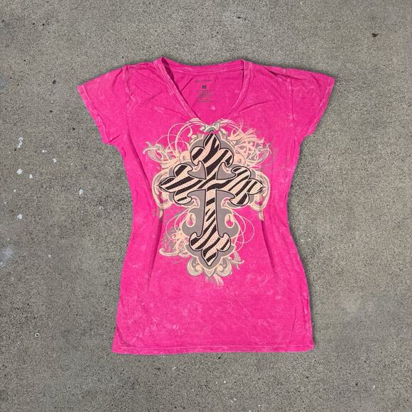 Vintage Y2K Pink Grunge Goth Affliction Style Top Rhinestones Cross AOP Size M - Picture 1 of 7
